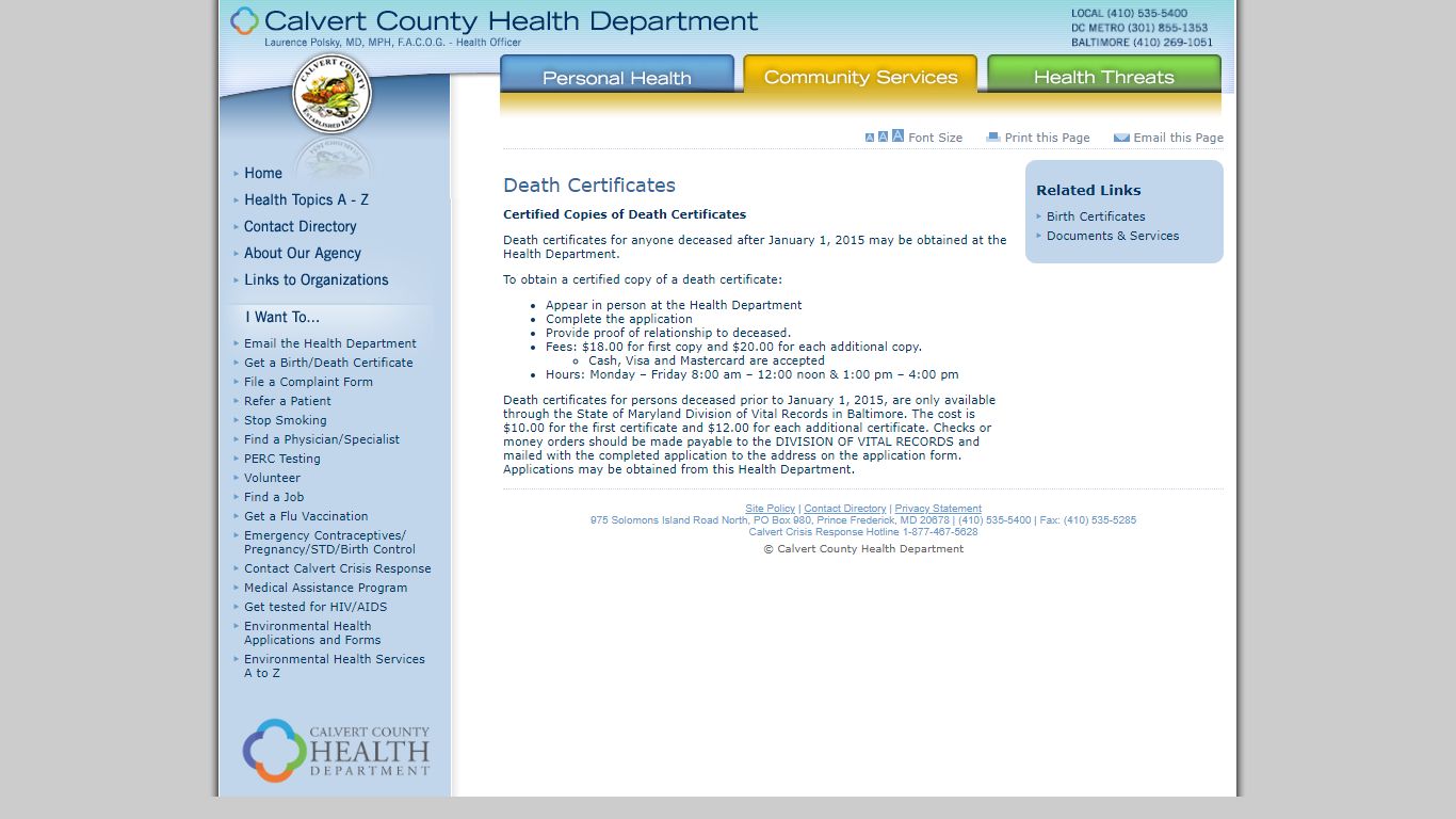 Death Certificates | Calvert County Health Department