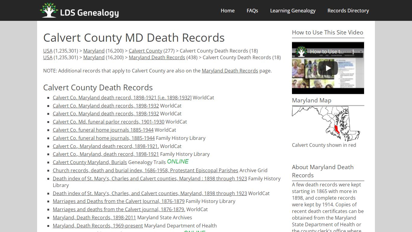 Calvert County MD Death Records - LDS Genealogy