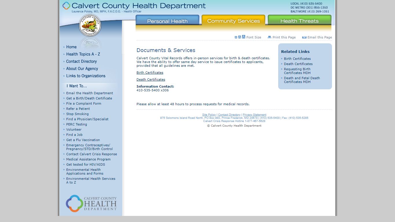 Documents & Services | Calvert County Health Department