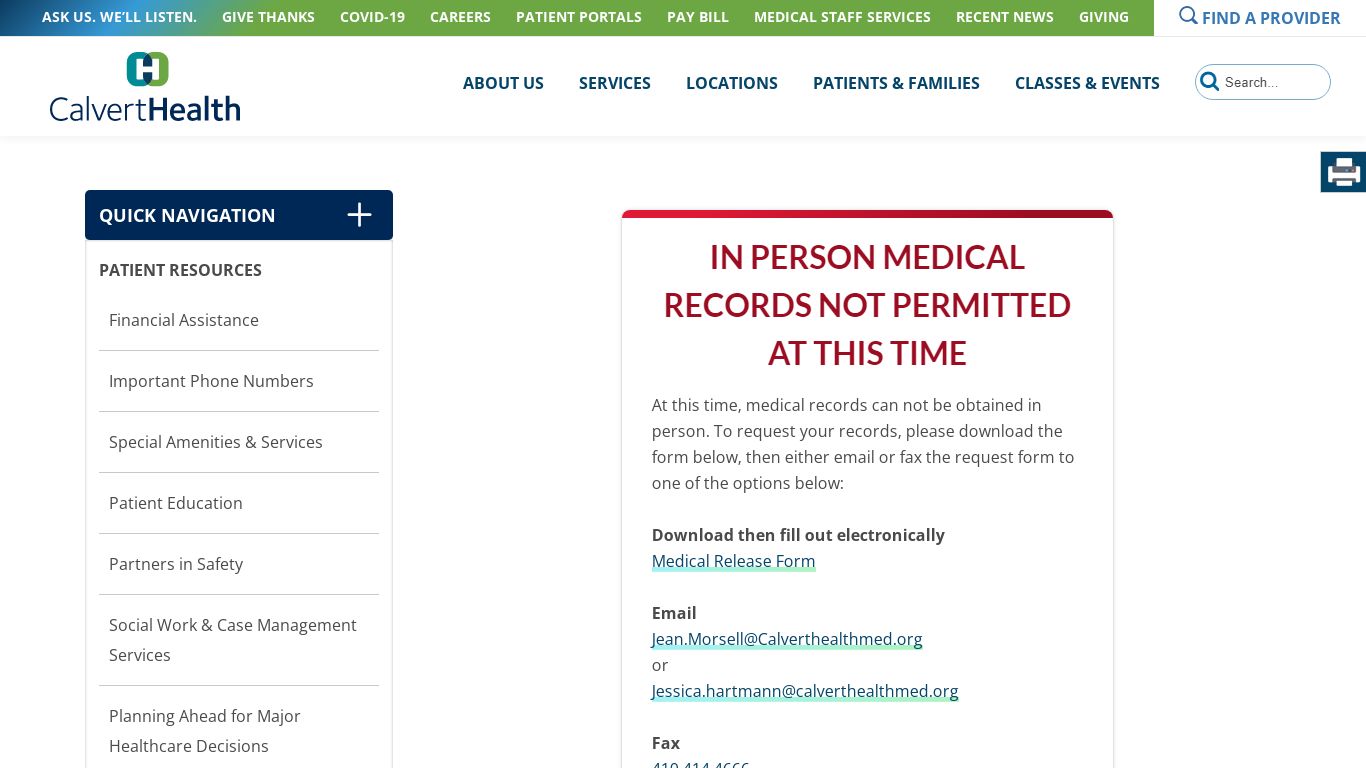 Medical Records | CalvertHealth